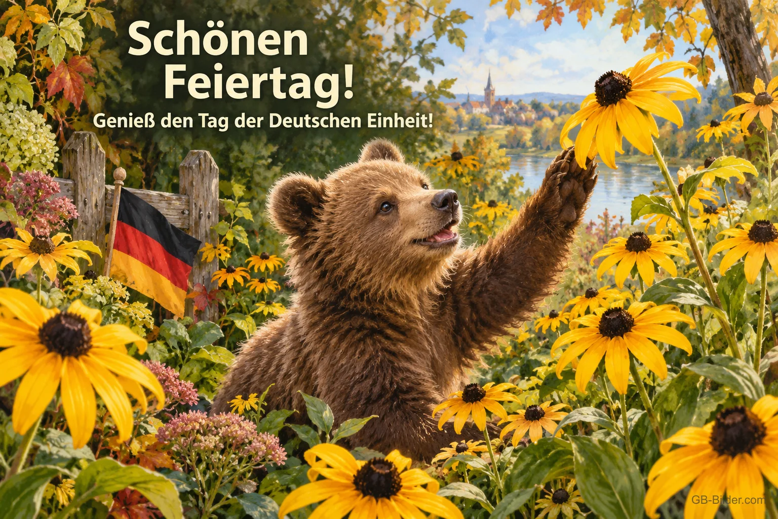 Bärenjunges greift nach Rudbeckien, Deutschlandfahne am Zaun, Text: Schönen Feiertag! – Genieß den Tag der Deutschen Einheit!