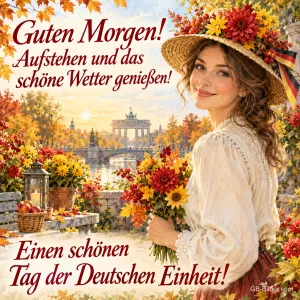 Lächelnde Frau mit Strohhut und Blumen vor dem Brandenburger Tor im Herbst, Text: Guten Morgen! Aufstehen und das schöne Wetter genießen! – Einen schönen Tag der Deutschen Einheit!