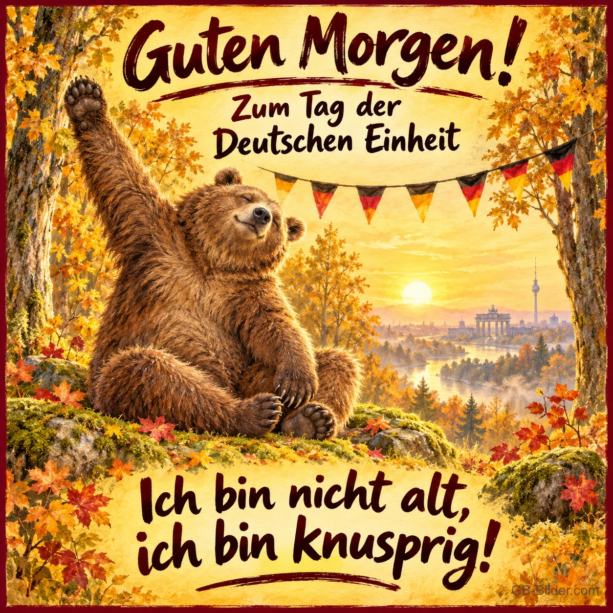 Bär winkt im Herbstwald unter Wimpeln in Schwarz-Rot-Gold, Brandenburger Tor, Text: Guten Morgen! Zum Tag der Deutschen Einheit – Ich bin nicht alt, ich bin knusprig!