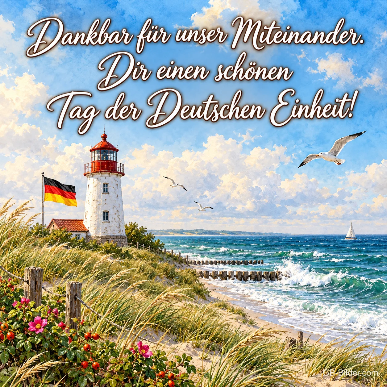 Leuchtturm mit Deutschlandfahne an einer Dünenküste, Text: Dankbar für unser Miteinander. – Dir einen schönen Tag der Deutschen Einheit!
