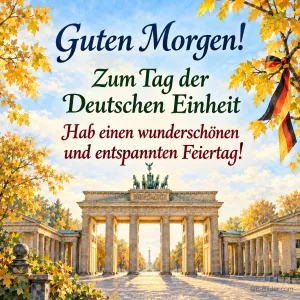 Brandenburger Tor im Herbstlaub mit Deutschlandband, Text: Guten Morgen! – Zum Tag der Deutschen Einheit – Hab einen wunderschönen und entspannten Feiertag!