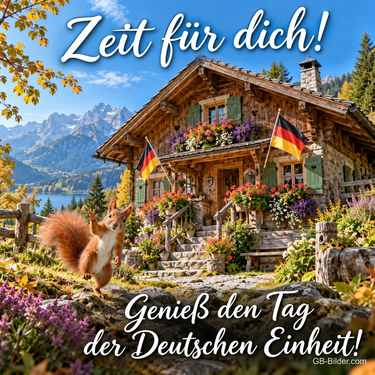 Berghütte mit Deutschlandfahnen, Eichhörnchen davor, Text: Zeit für dich! – Genieß den Tag der Deutschen Einheit!