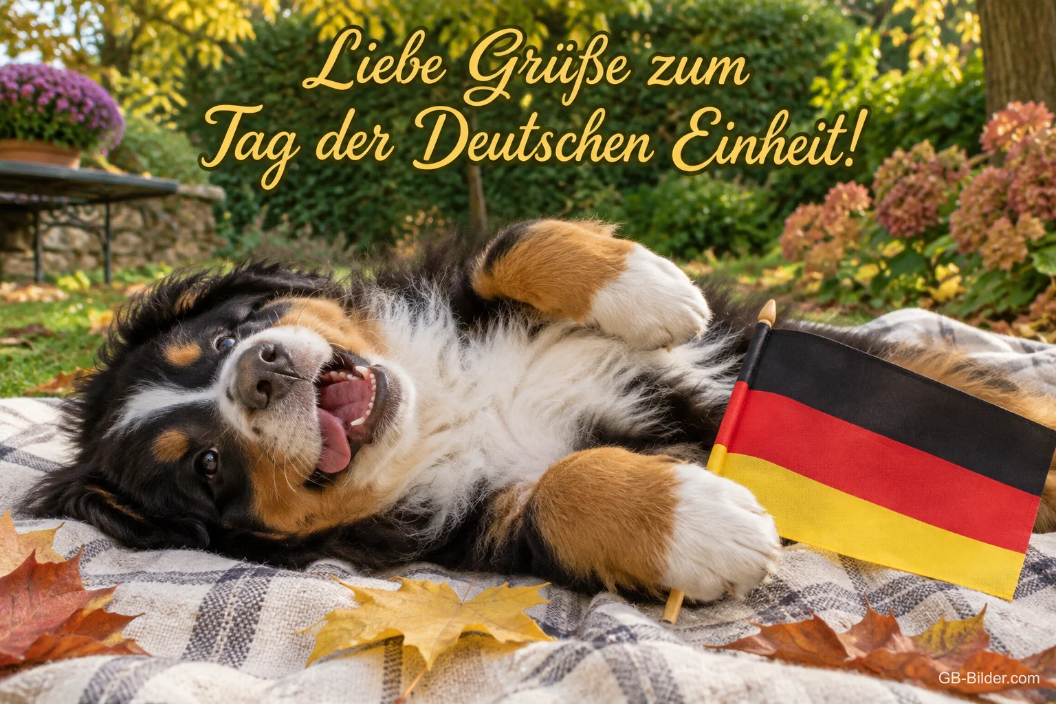 Berner Sennenhund liegt lachend mit Deutschlandfahne im Herbstlaub, Text: Liebe Grüße zum Tag der Deutschen Einheit!