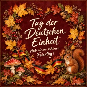 Herz aus Herbstlaub mit Eichhörnchen, Pilzen und Deutschlandband, Text: Tag der Deutschen Einheit – Hab einen schönen Feiertag!