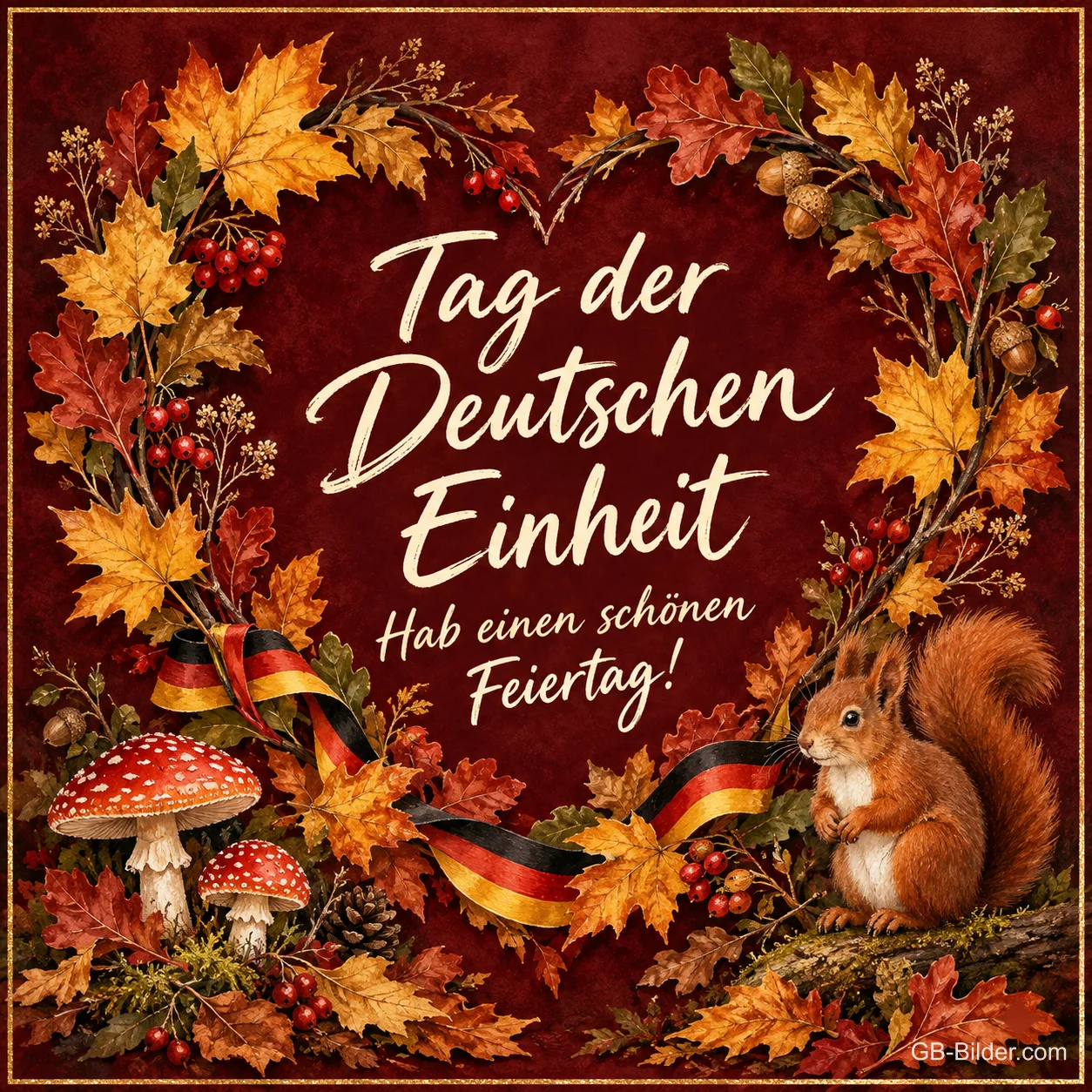 Herz aus Herbstlaub mit Eichhörnchen, Pilzen und Deutschlandband, Text: Tag der Deutschen Einheit – Hab einen schönen Feiertag!