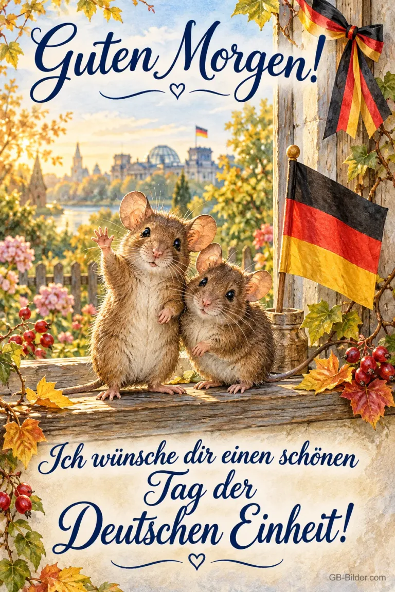 Zwei Mäuse winken vor dem Reichstag mit Deutschlandfahne, Text: Guten Morgen! – Ich wünsche dir einen schönen Tag der Deutschen Einheit!