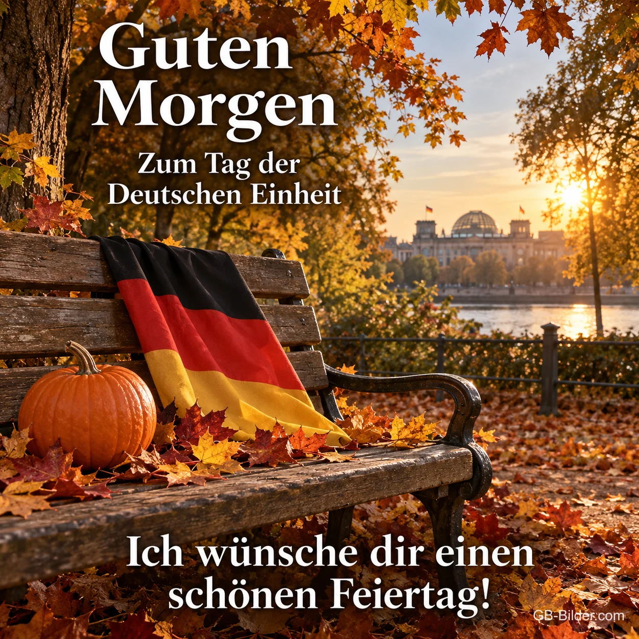 Deutschlandfahne auf einer Parkbank im Herbstlaub vor dem Reichstag, Text: Guten Morgen – Zum Tag der Deutschen Einheit – Ich wünsche dir einen schönen Feiertag!