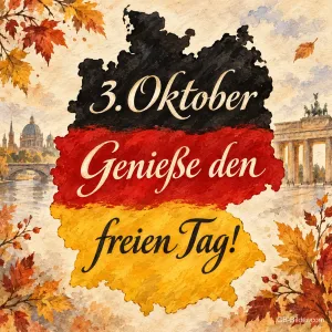 Deutschlandkarte in Schwarz-Rot-Gold zwischen Herbstlaub und Brandenburger Tor, Text: 3. Oktober – Genieße den freien Tag!