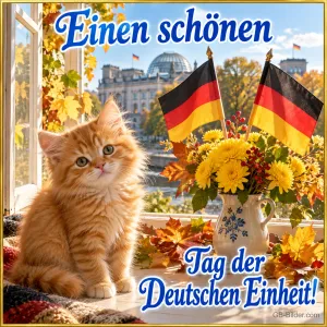 Rotes Kätzchen am Fenster mit Deutschlandfahnen und Reichstag, Text: Einen schönen – Tag der Deutschen Einheit!