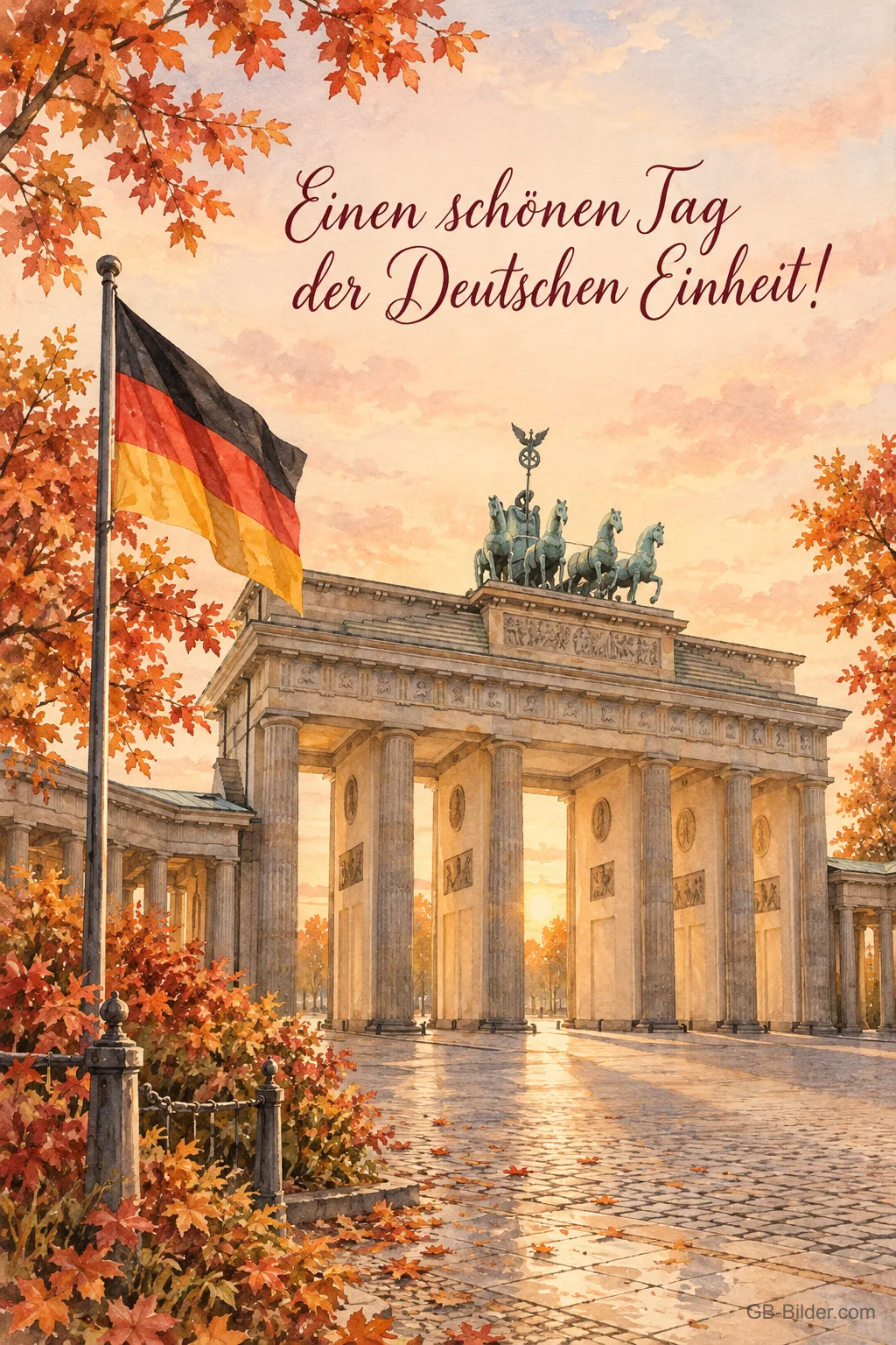 Brandenburger Tor mit Deutschlandfahne im Herbstlaub, Text: Einen schönen Tag der Deutschen Einheit!