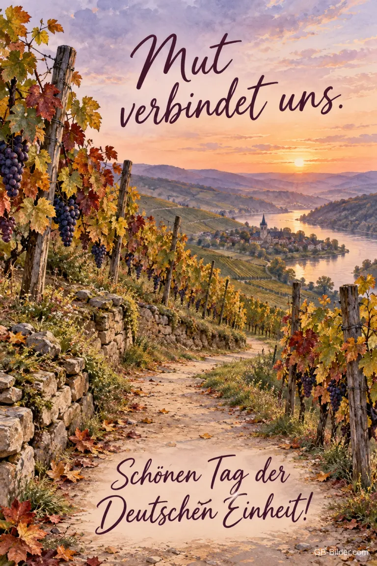 Herbstlicher Weinbergweg über einem Flusstal bei Sonnenuntergang, Text: Mut verbindet uns. Schönen Tag der Deutschen Einheit!