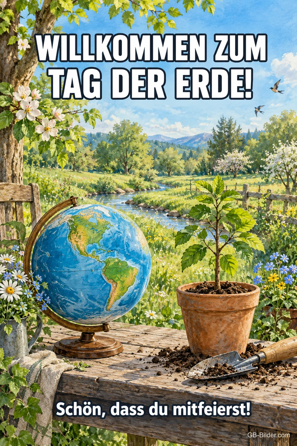 Globus und Bäumchen im Garten, Text: Willkommen zum Tag der Erde Globus und Bäumchen im Garten, Text: Willkommen zum Tag der Erde