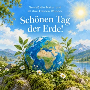 Weltkugel im Moos am See, Text: Schönen Tag der Erde