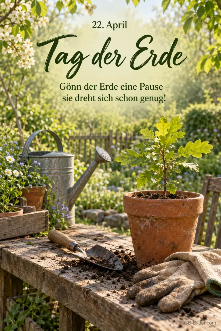 Bäumchen im Topf auf dem Gartentisch, Text: 22. April
