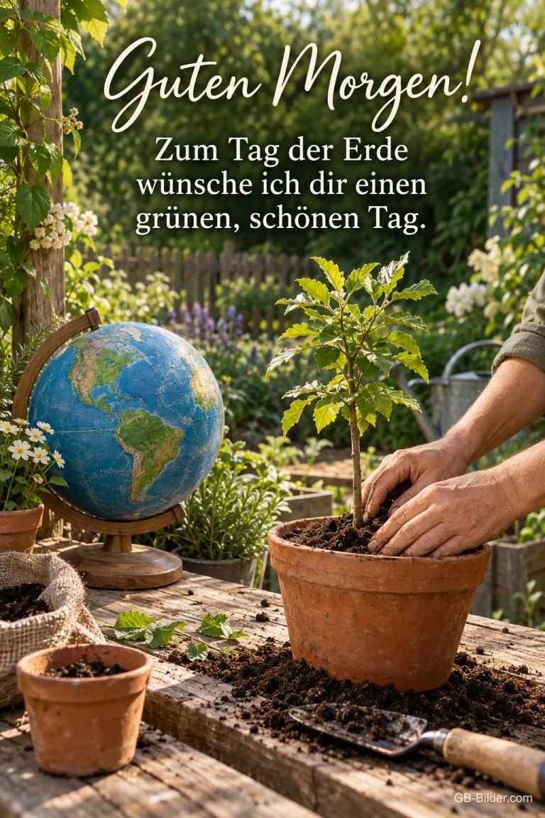 Pflanzen neben einem Globus, Text: Guten Morgen
