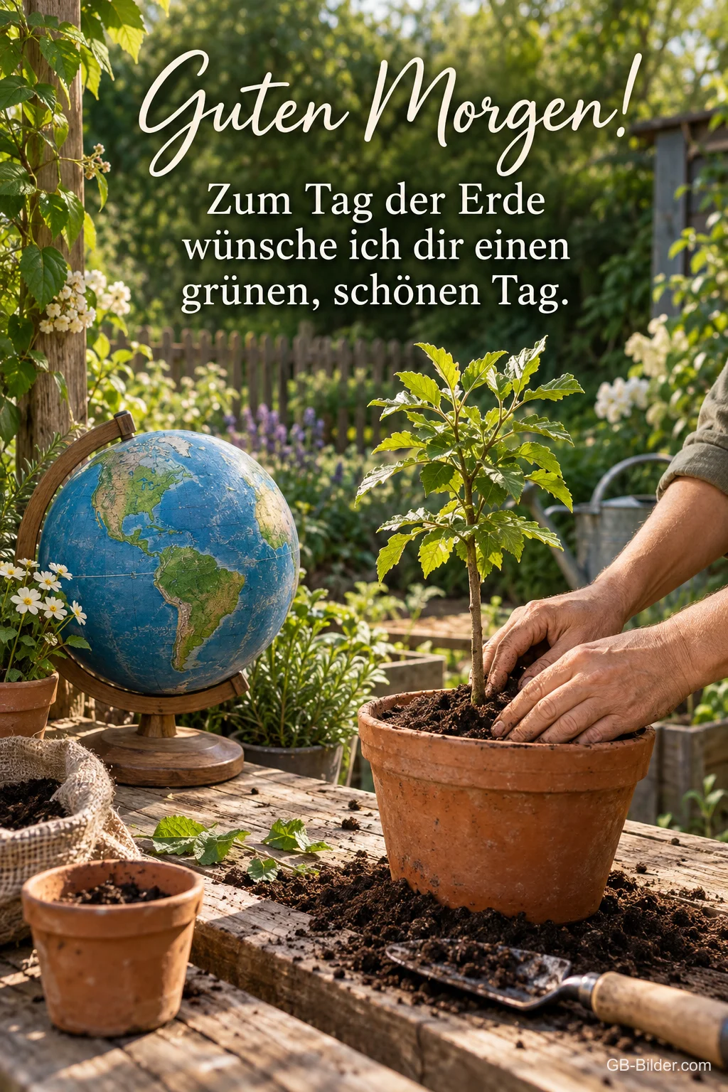 Pflanzen neben einem Globus, Text: Guten Morgen Pflanzen neben einem Globus, Text: Guten Morgen