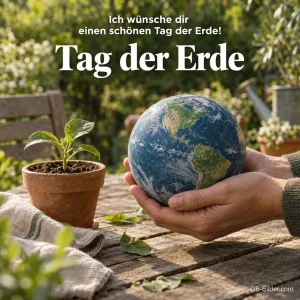 Hände halten eine Weltkugel, Text: Ich wünsche dir einen schönen Tag der Erde