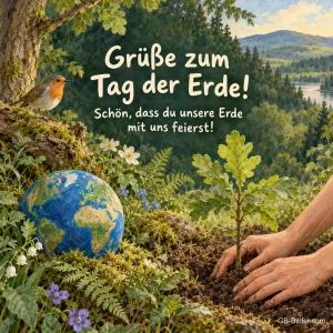 Eichenbäumchen und Weltkugel im Wald, Text: Grüße zum Tag der Erde