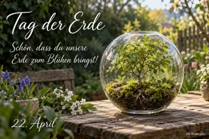 Bäumchen in einer Glaskugel, Text: Tag der Erde