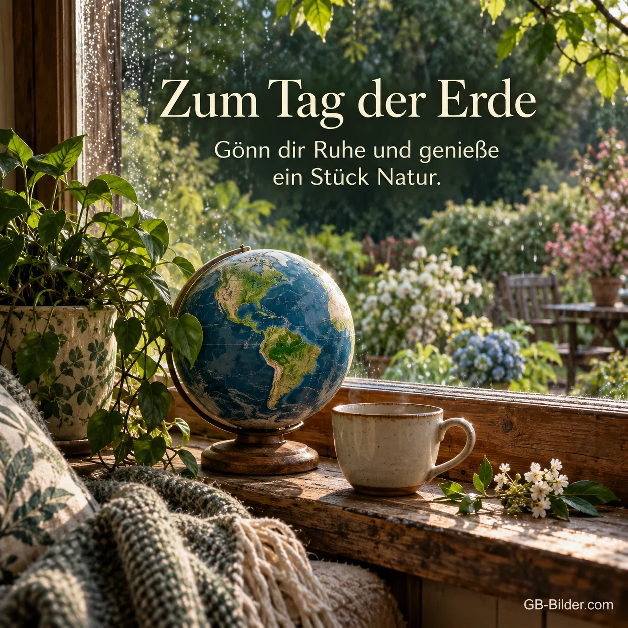 Globus am Fenster, Text: Zum Tag der Erde Globus am Fenster, Text: Zum Tag der Erde