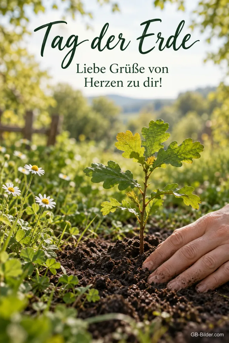 Hand pflanzt Eichenbäumchen, Text: Tag der Erde