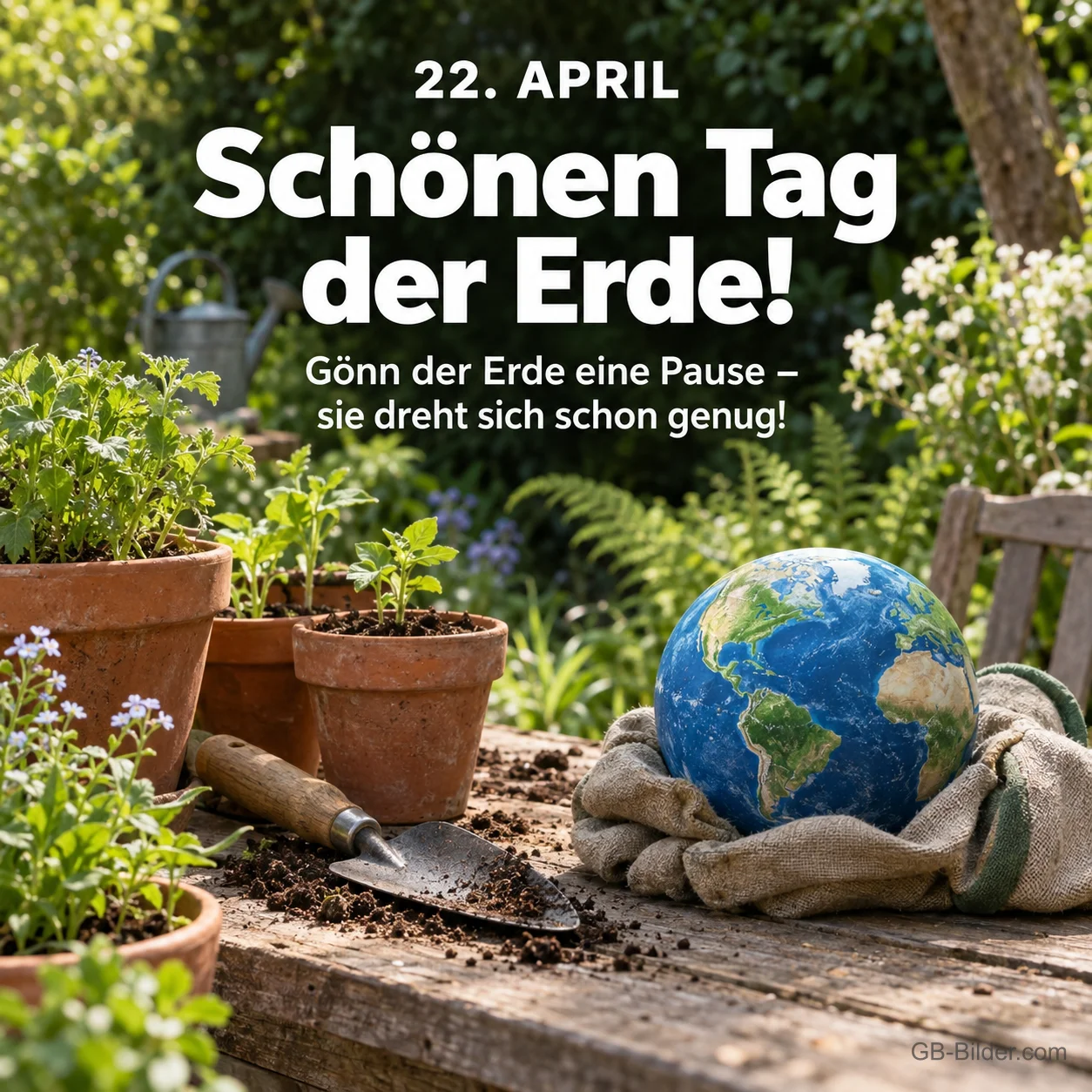 Weltkugel auf dem Gartentisch, Text: 22. April Weltkugel auf dem Gartentisch, Text: 22. April