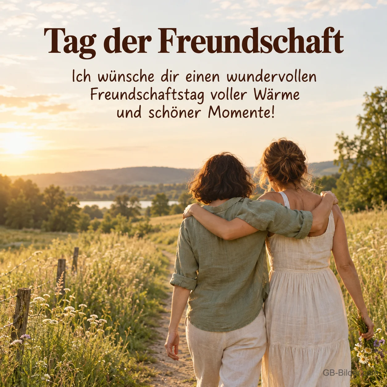 Zwei Freundinnen Arm in Arm, Text: Tag der Freundschaft
