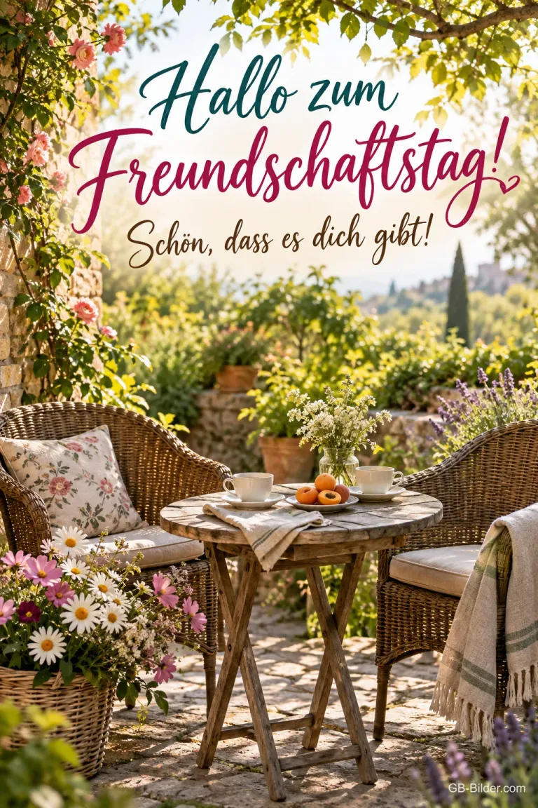 Zwei Sessel am Gartentisch, Text: Hallo zum Freundschaftstag