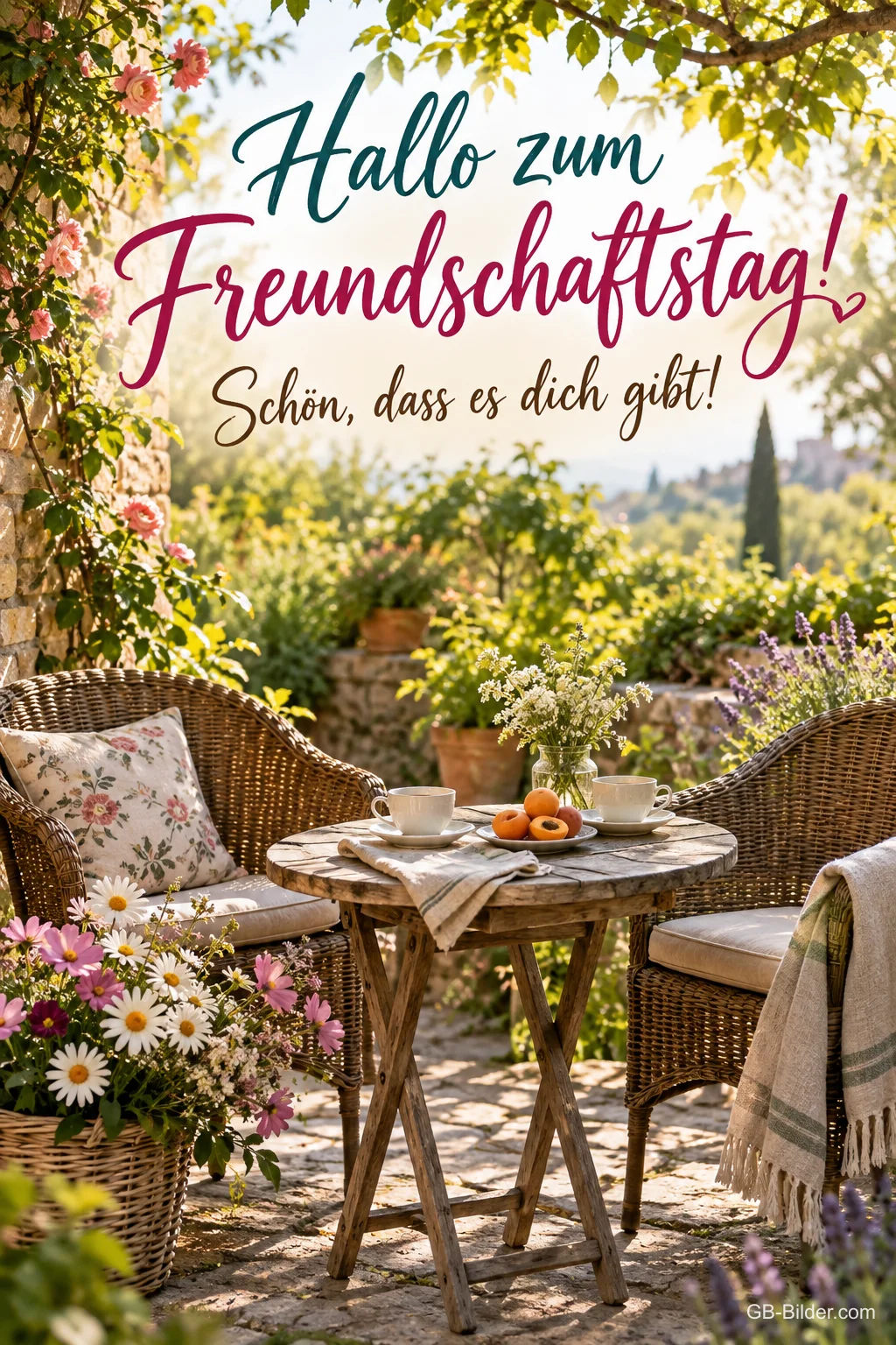 Zwei Sessel am Gartentisch, Text: Hallo zum Freundschaftstag