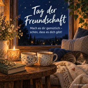 Zwei Tassen am Fenster bei Nacht, Text: Tag der Freundschaft