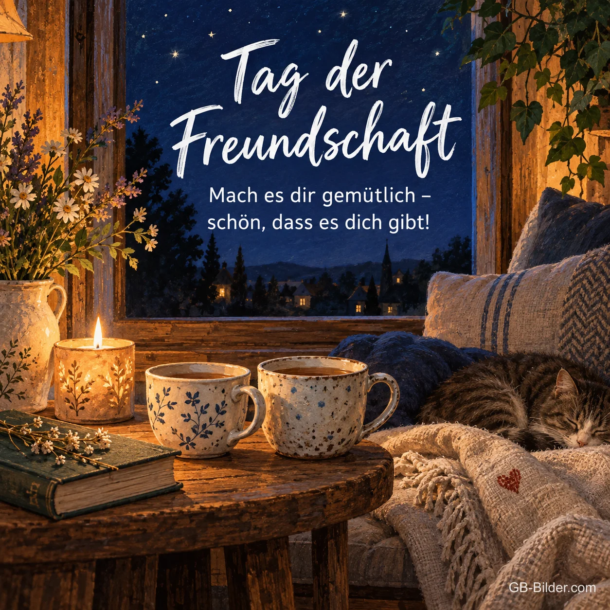 Zwei Tassen am Fenster bei Nacht, Text: Tag der Freundschaft