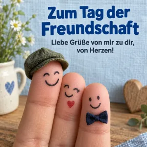 Drei lächelnde Fingerfiguren, Text: Zum Tag der Freundschaft