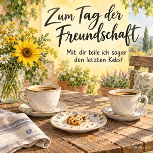 Zwei Kaffeetassen und ein Keks, Text: Zum Tag der Freundschaft