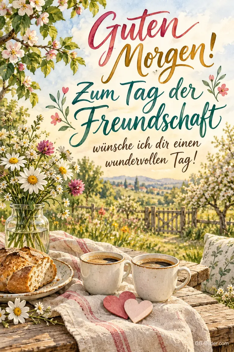 Frühstückstisch mit zwei Tassen, Text: Guten Morgen