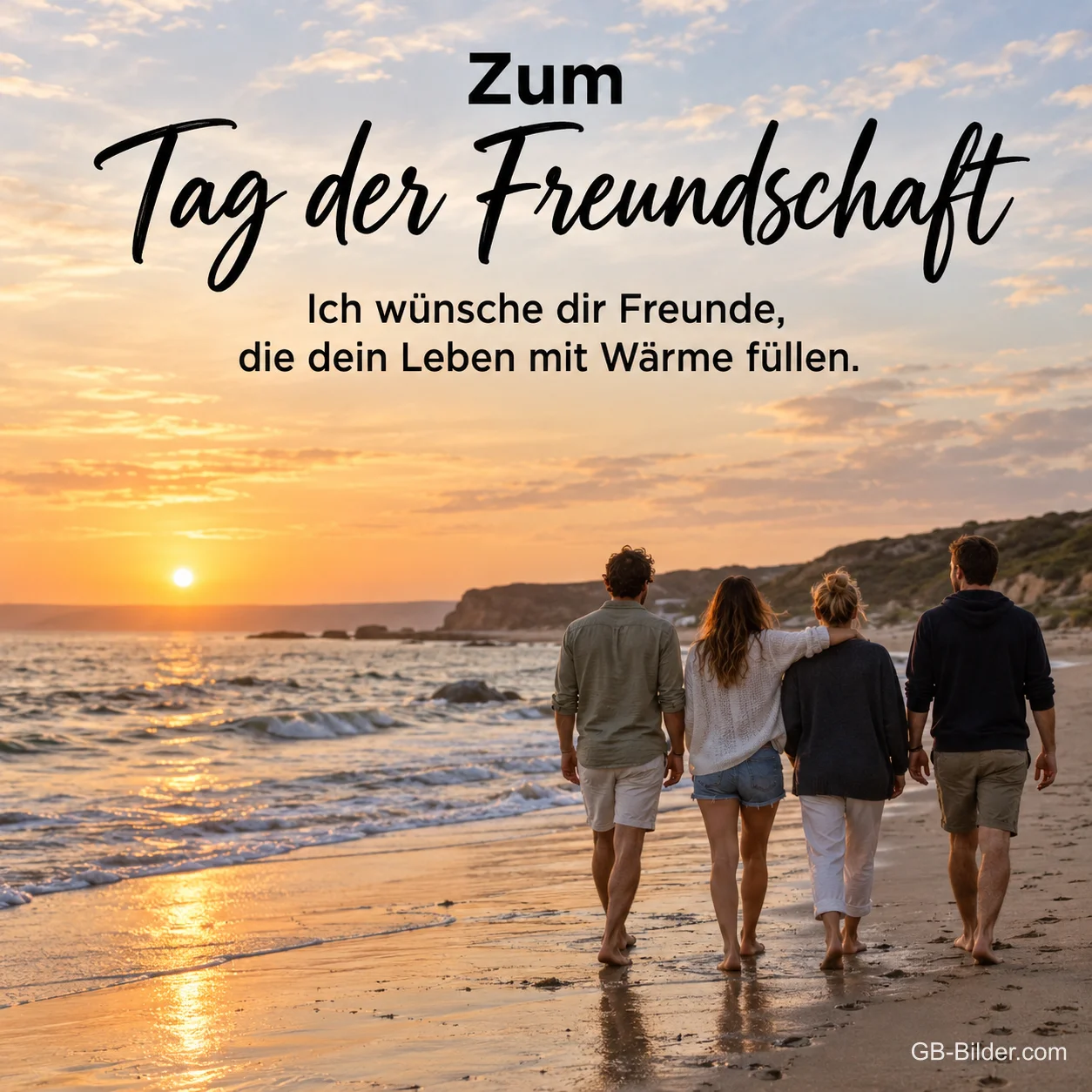 Vier Freunde am Strand, Text: Zum Tag der Freundschaft