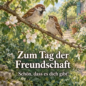 Zwei Spatzen auf einem Zweig, Text: Zum Tag der Freundschaft