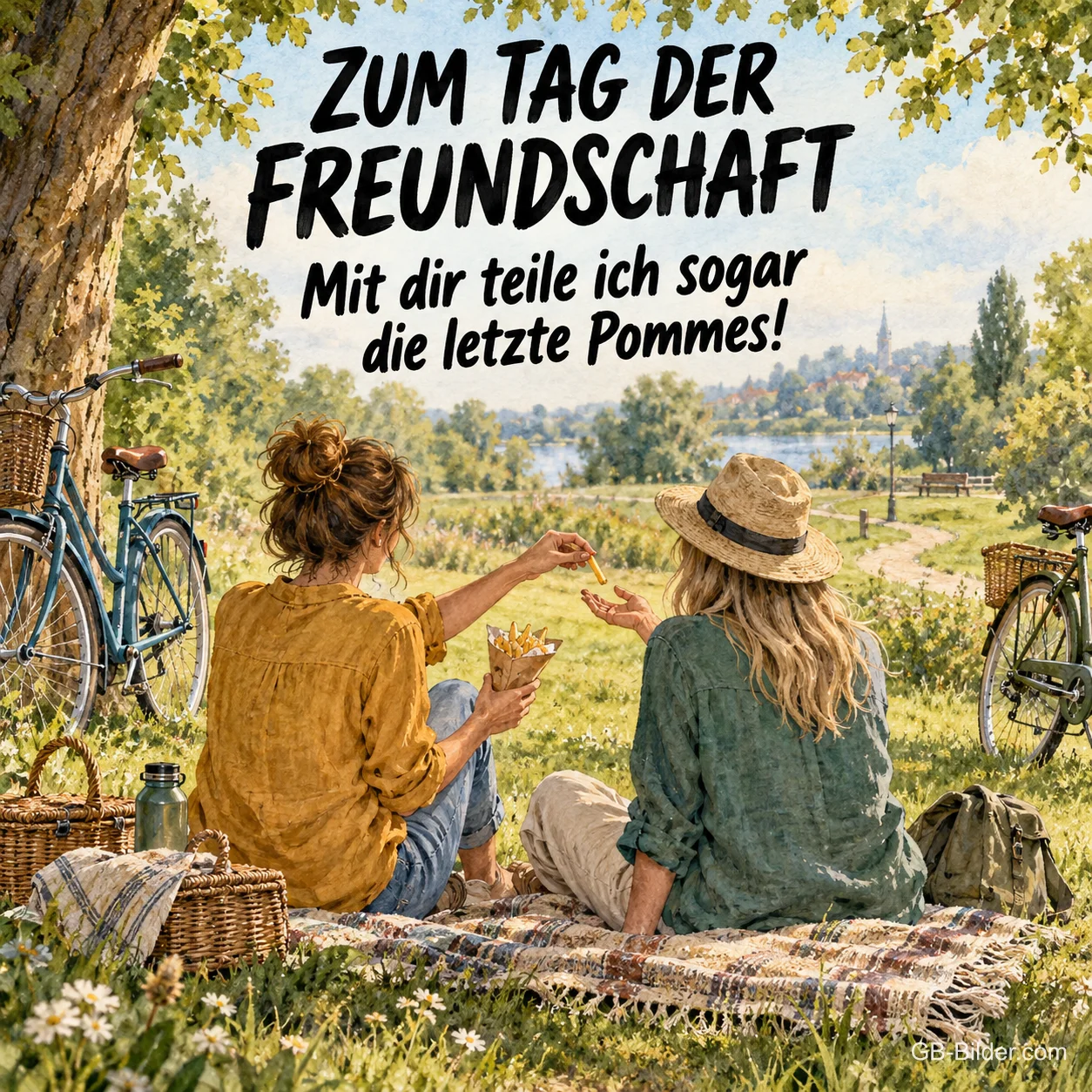 Zwei Freundinnen beim Picknick, Text: Zum Tag der Freundschaft