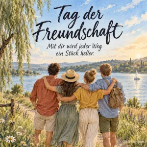 Vier Freunde Arm in Arm am See, Text: Tag der Freundschaft