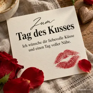 Karte mit Kussabdruck und Rosenblättern, Text: Zum Tag des Kusses