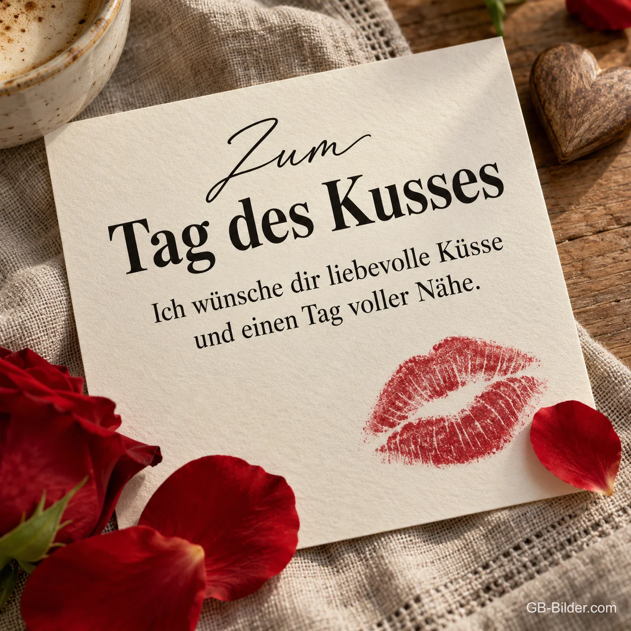 Karte mit Kussabdruck und Rosenblättern, Text: Zum Tag des Kusses Karte mit Kussabdruck und Rosenblättern, Text: Zum Tag des Kusses