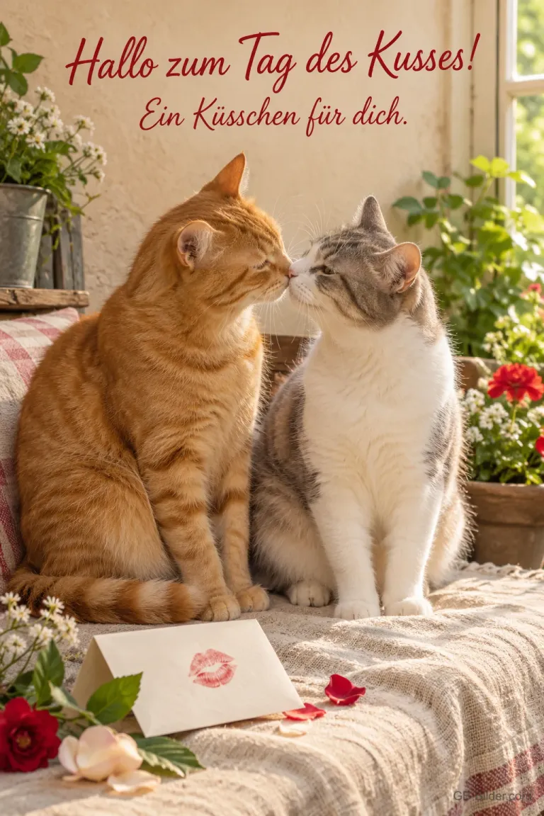Zwei Katzen beim Nasenküsschen, Text: Hallo zum Tag des Kusses