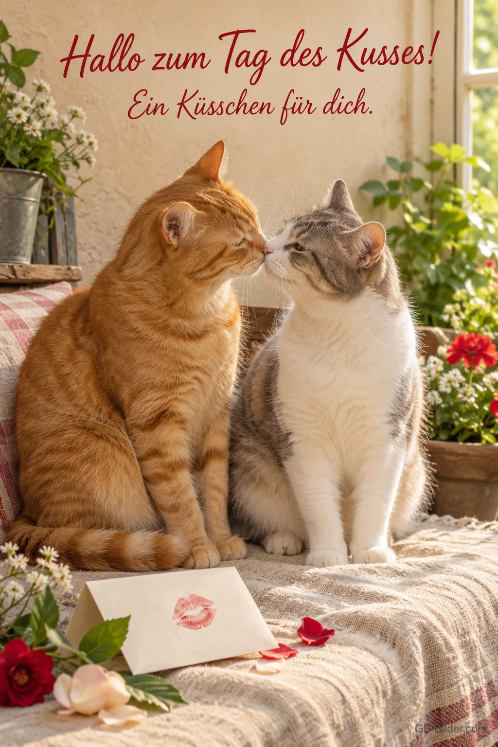 Zwei Katzen beim Nasenküsschen, Text: Hallo zum Tag des Kusses Zwei Katzen beim Nasenküsschen, Text: Hallo zum Tag des Kusses