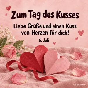 Zwei Papierherzen auf Rosa, Text: Zum Tag des Kusses