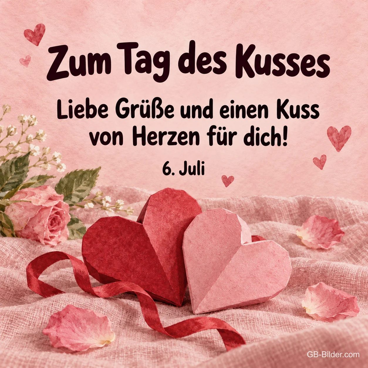 Zwei Papierherzen auf Rosa, Text: Zum Tag des Kusses Zwei Papierherzen auf Rosa, Text: Zum Tag des Kusses
