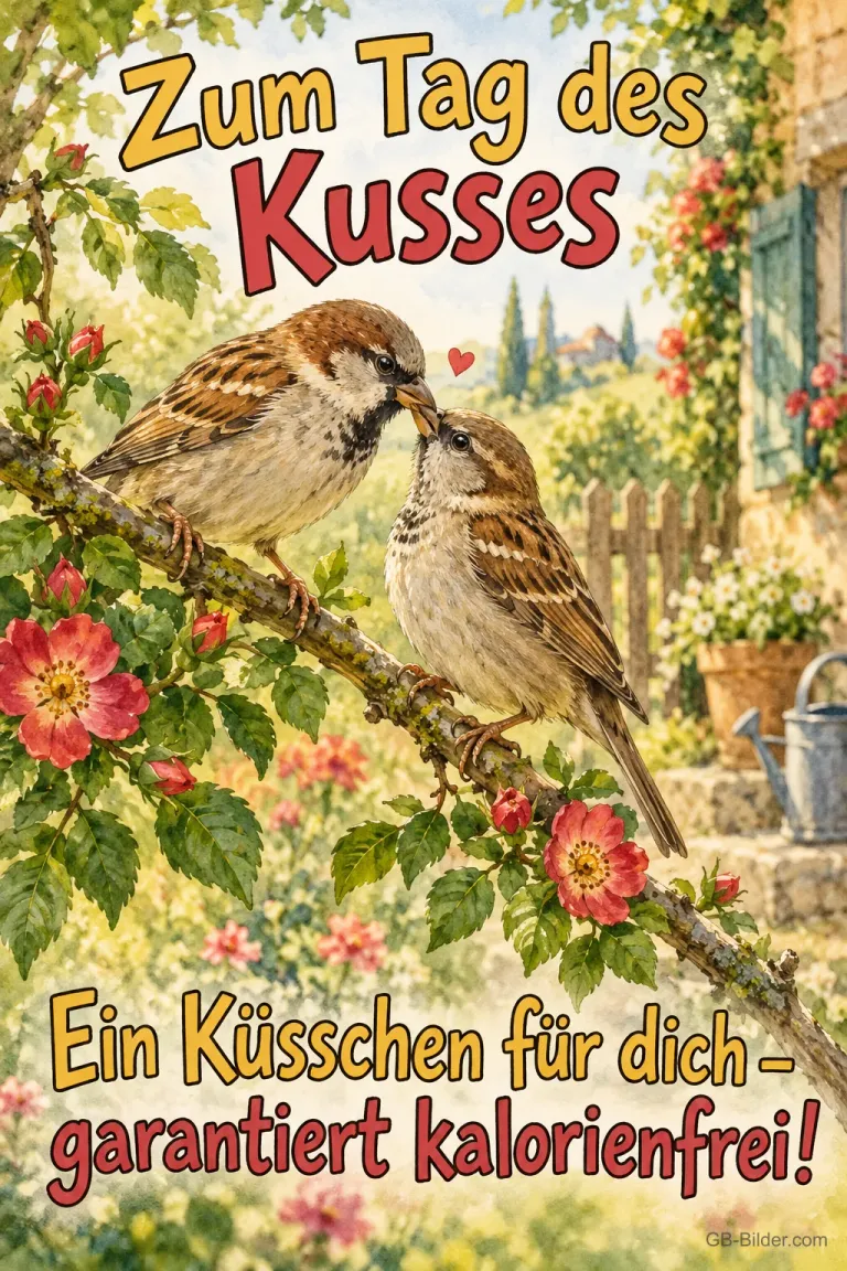 Zwei Spatzen beim Küsschen, Text: Zum Tag des Kusses