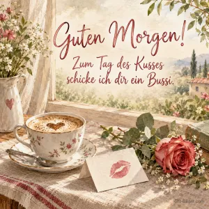 Cappuccino und Kusskarte am Fenster, Text: Guten Morgen