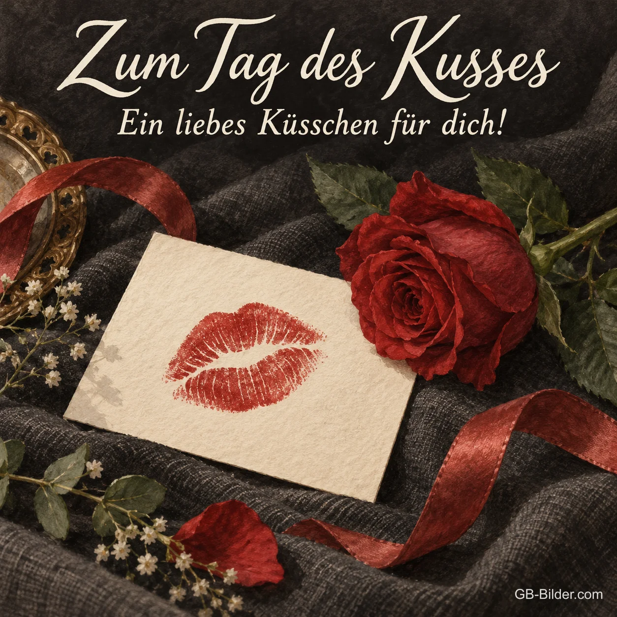 Kusskarte mit roter Rose, Text: Zum Tag des Kusses Kusskarte mit roter Rose, Text: Zum Tag des Kusses