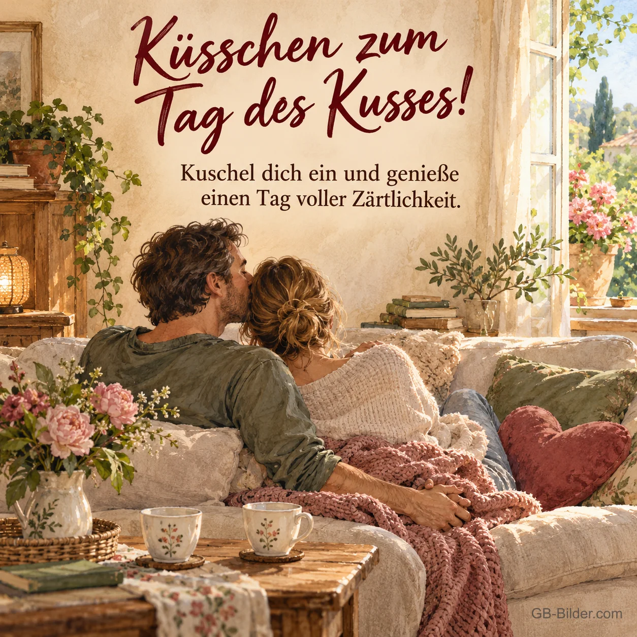 Paar kuschelt auf dem Sofa, Text: Küsschen zum Tag des Kusses Paar kuschelt auf dem Sofa, Text: Küsschen zum Tag des Kusses