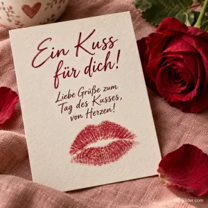 Kusskarte neben roter Rose, Text: Ein Kuss für dich