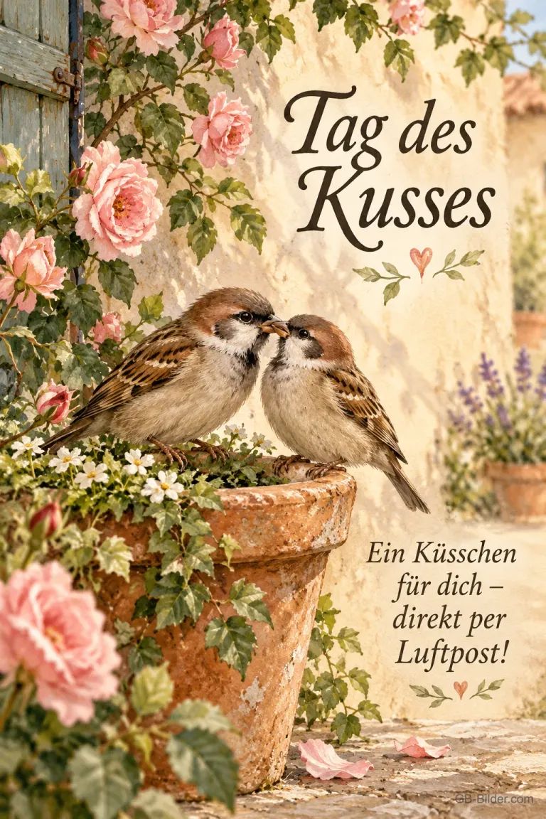 Zwei Spatzen auf dem Blumentopf, Text: Tag des Kusses